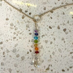Lariat style silver chakra crystal necklace rainbow semi-precious stones.